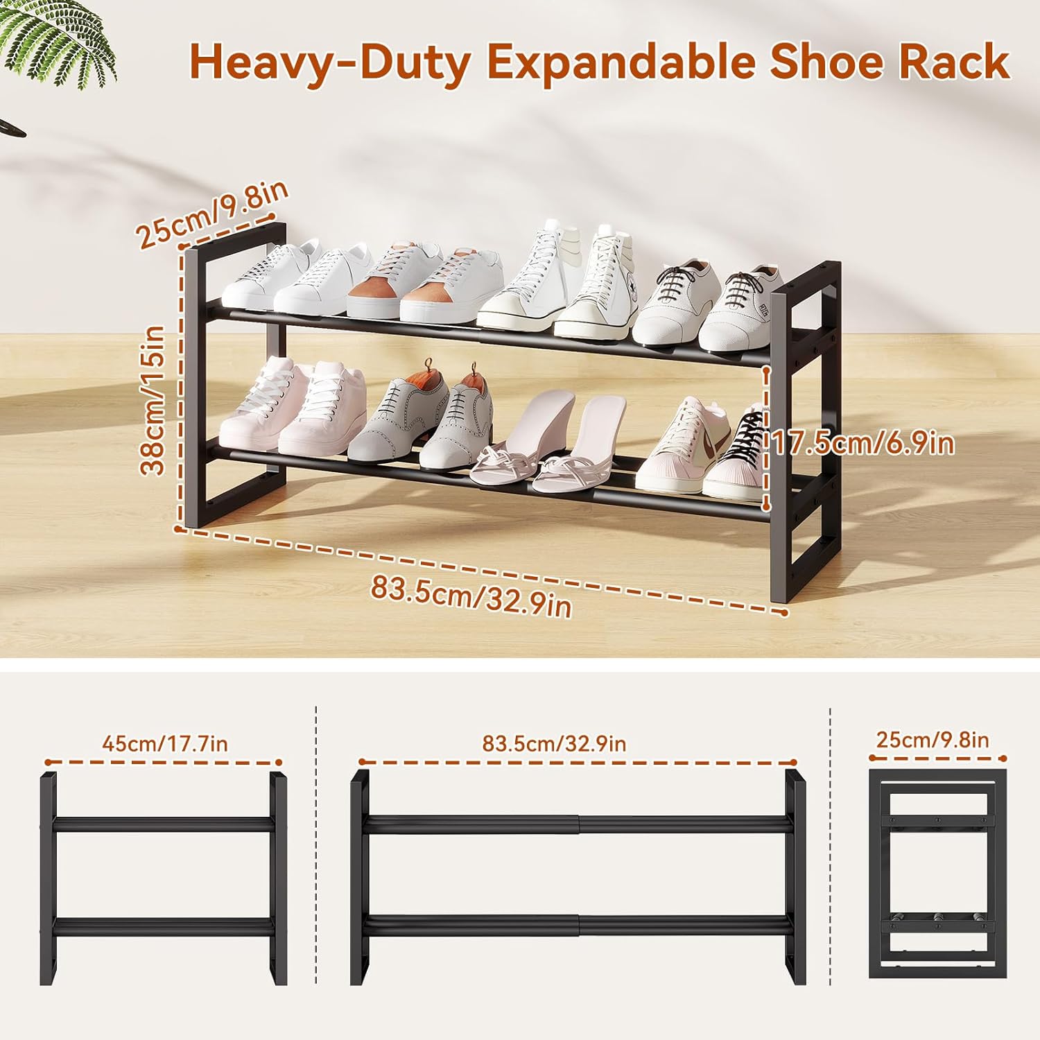 IBUYKE 2 Pack Expandable Shoe Rack, 18"-33” Adjustable Shoe Organizer for Closet, Stackable Metal Free Standing Shoe Rack Storage for Small Space Entryway, Black TXJ002B-2