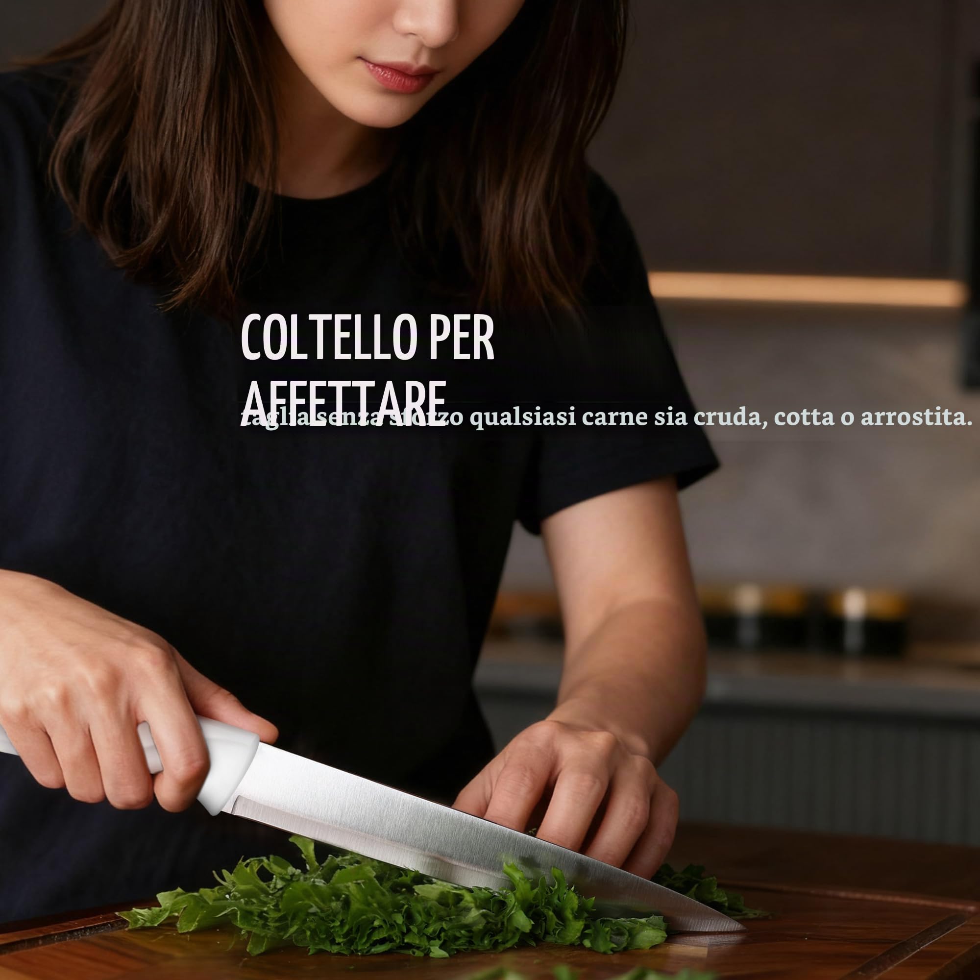 hecef set di 7 di pezzi coltelli con ceppo in legno e forbici da cucina, manico speciale curvo, Set di coltelli acciaio inox per chef e appassionati di cucina, bianco