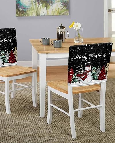 Vista 52 de Fundas para sillas navideñas de muñeco de nieve negro, 4 piezas, fundas traseras de comedor, fundas para árbol de Navidad, protectores extraíbles