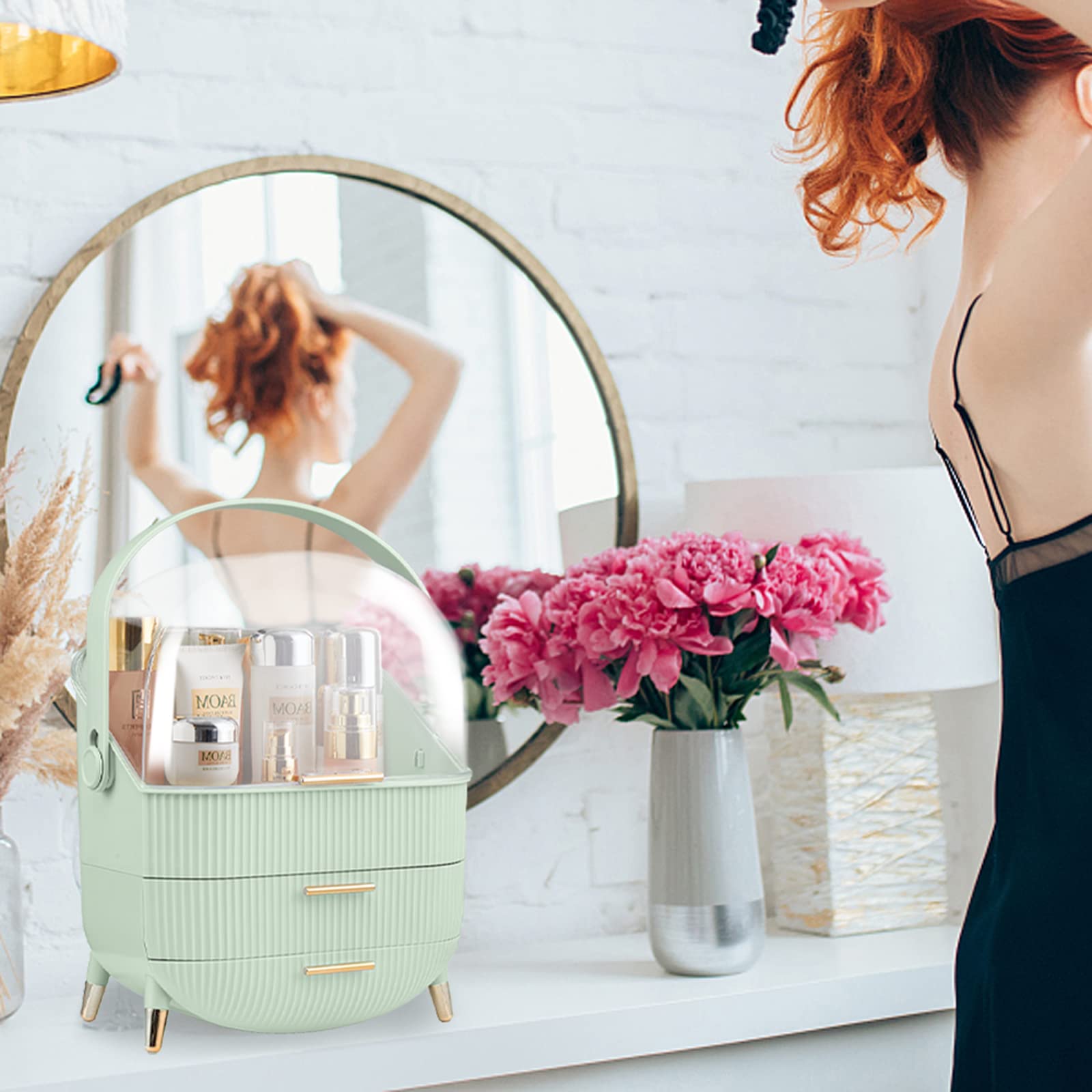 Scatola di trucco multifunzionale antipolvere per cosmetici, organizer per cosmetici, prodotti per la cura della pelle, scrivania, nuova versione (verde menta)