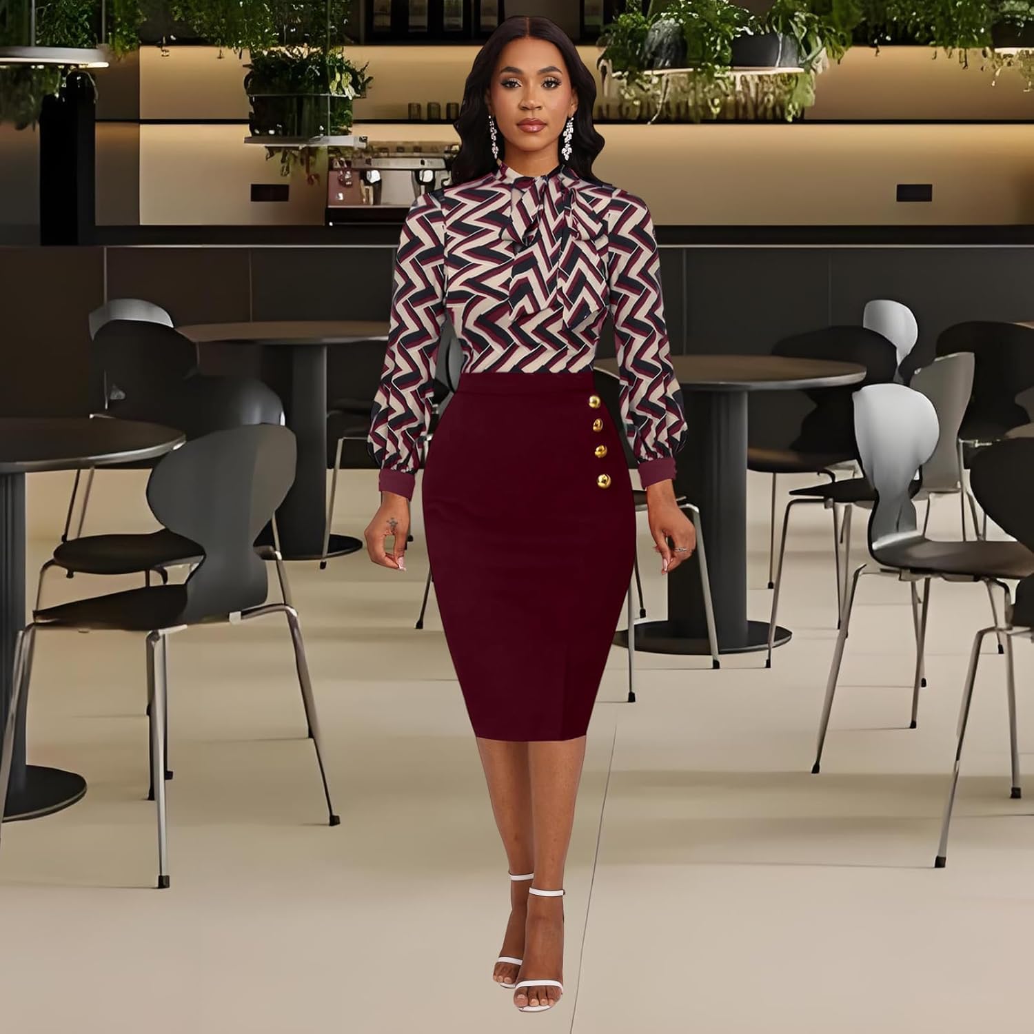KnoInt Women's Wear to Work Pencil Dresses Business Professional Midi Dress Long Sleeve Bodycon Party Dress