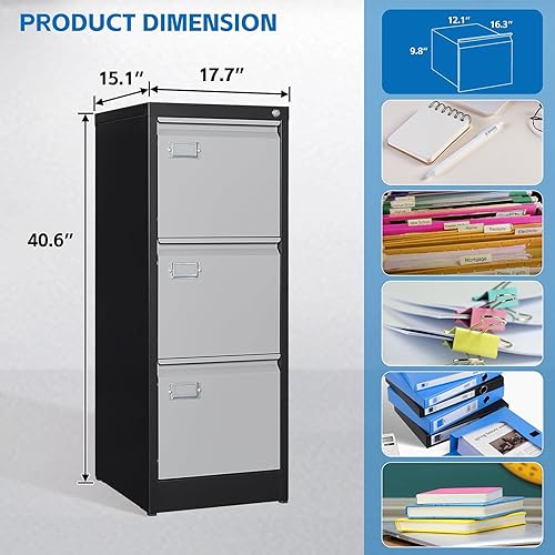 Miniatura 2 de Archivador de 3 cajones con cerradura, archivador vertical de metal para oficina y hogar, archivador estrecho para tamaño A4 legalcarta, requiere