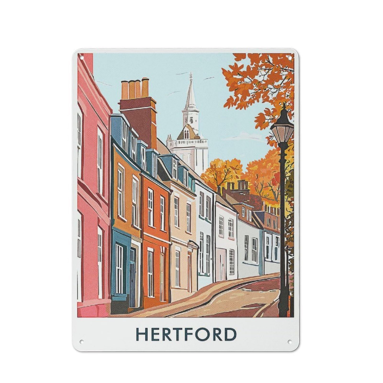 Junmoney Style-11 Metal Wall Plaque With Hertford Town Illustration Design 40X30cm, Simple Retro Studio Wall Plaque For Hobby Room, Office, Lounge Or Living Room