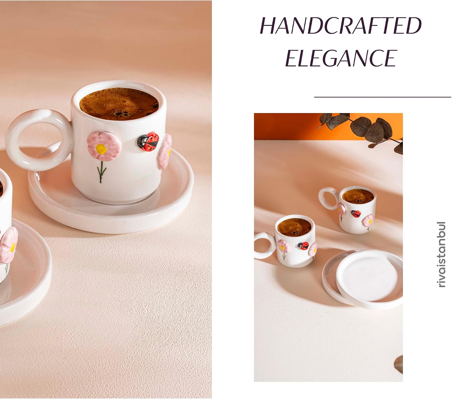 Handmade Ceramic Coffee Cup Set for Espresso & Turkish Coffee | 2-Piece Porcelain Cups with Saucers | Small Ceramic Mug Set for Tea, Cappuccino & Home Cafe Enjoyment (Ladybug)
