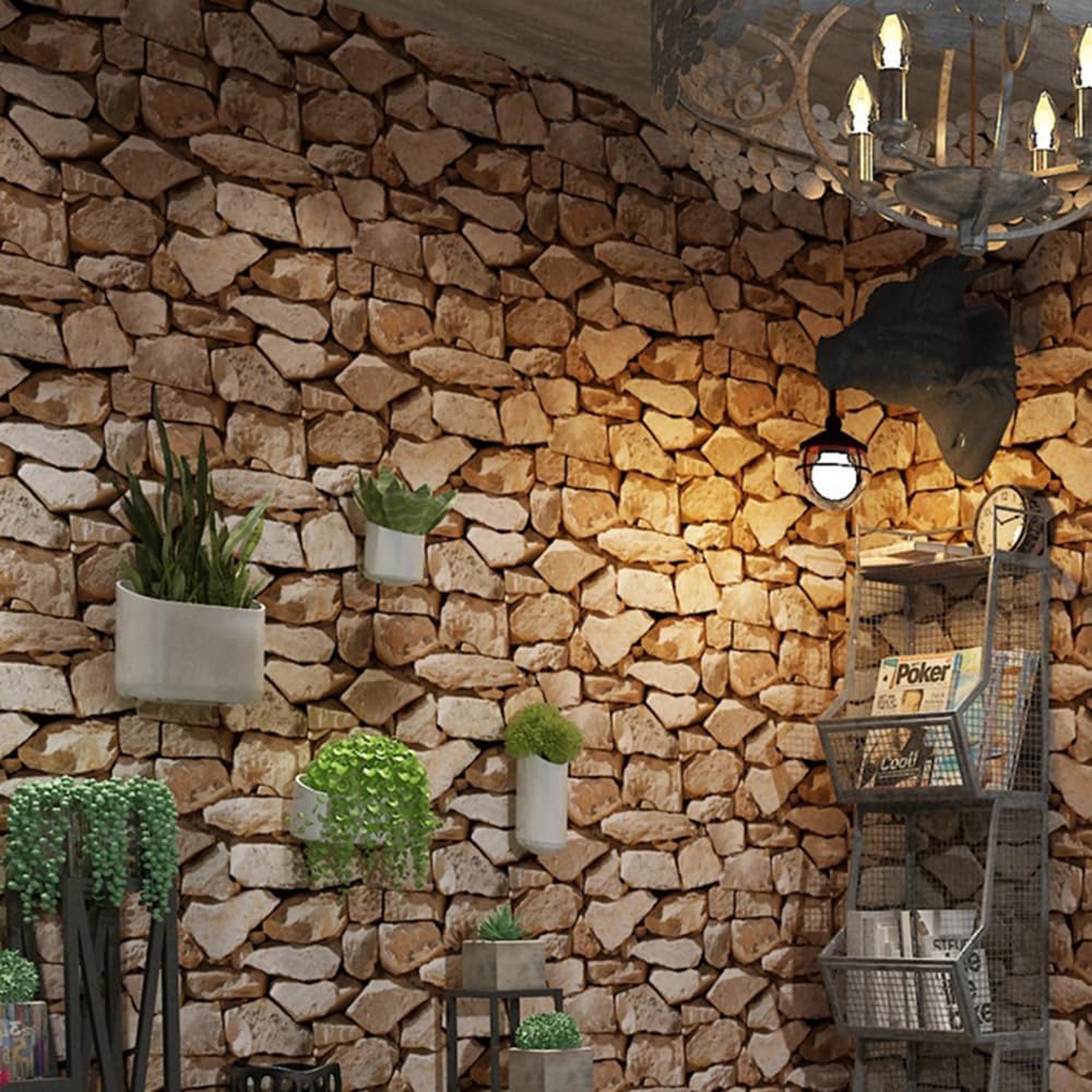 Anttyscar 5Roll Brown Stone Wallpaper - 3D Effect Textured Stone Effect Wallpaper for Realistic Faux Stones Wall Covering，Anti-Fouling Slate for Bedroom Living Room Hallway Stairs Lounge