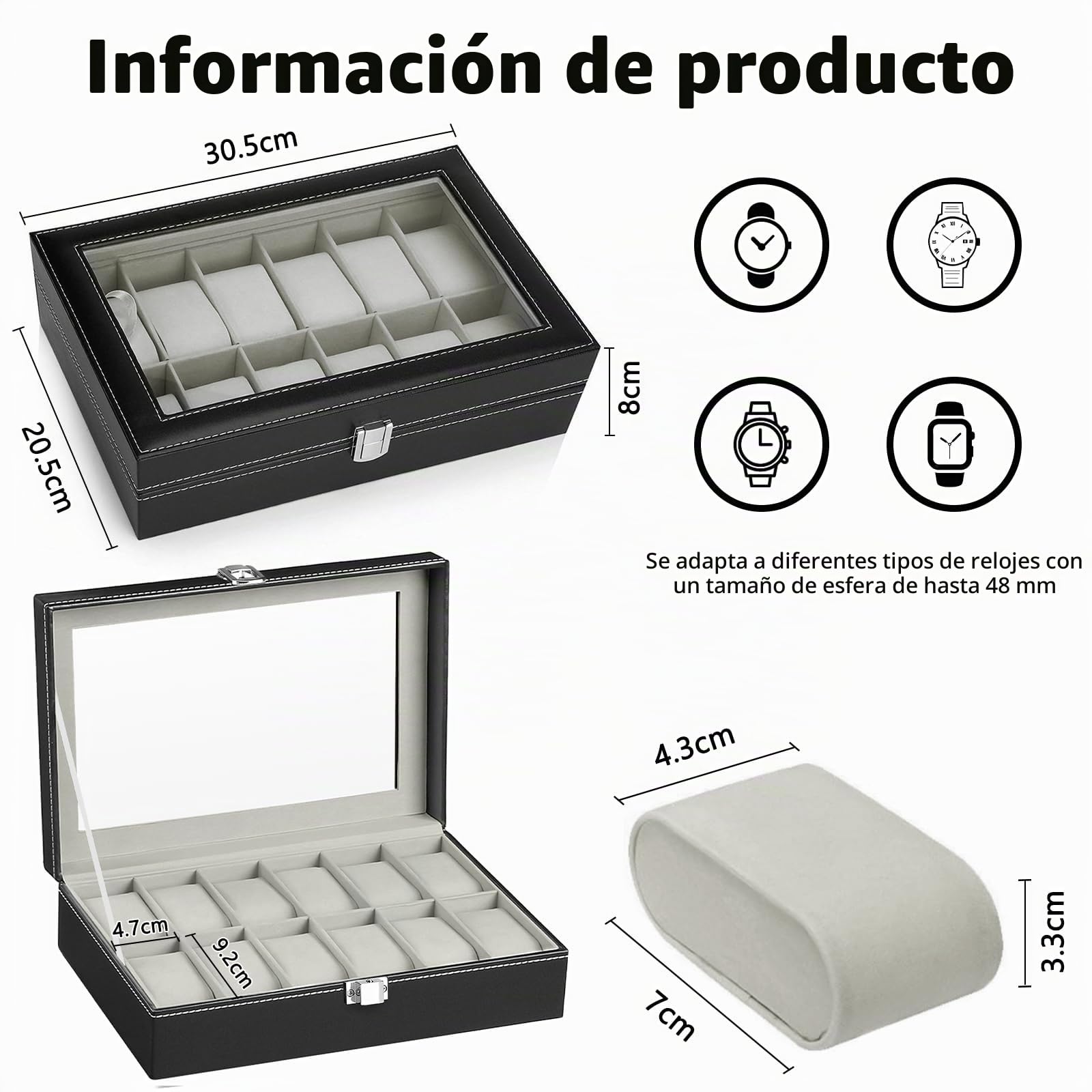 Caja para Relojes con 12 Compartimentos, Cristal y Cojín Extraíble