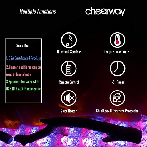 Miniatura 4 de Cheerway Chimenea eléctrica de 50 pulgadas con altavoz Bluetooth, calentador de chimenea de montaje en pared con 5 luces de punto y 7 ajustes de
