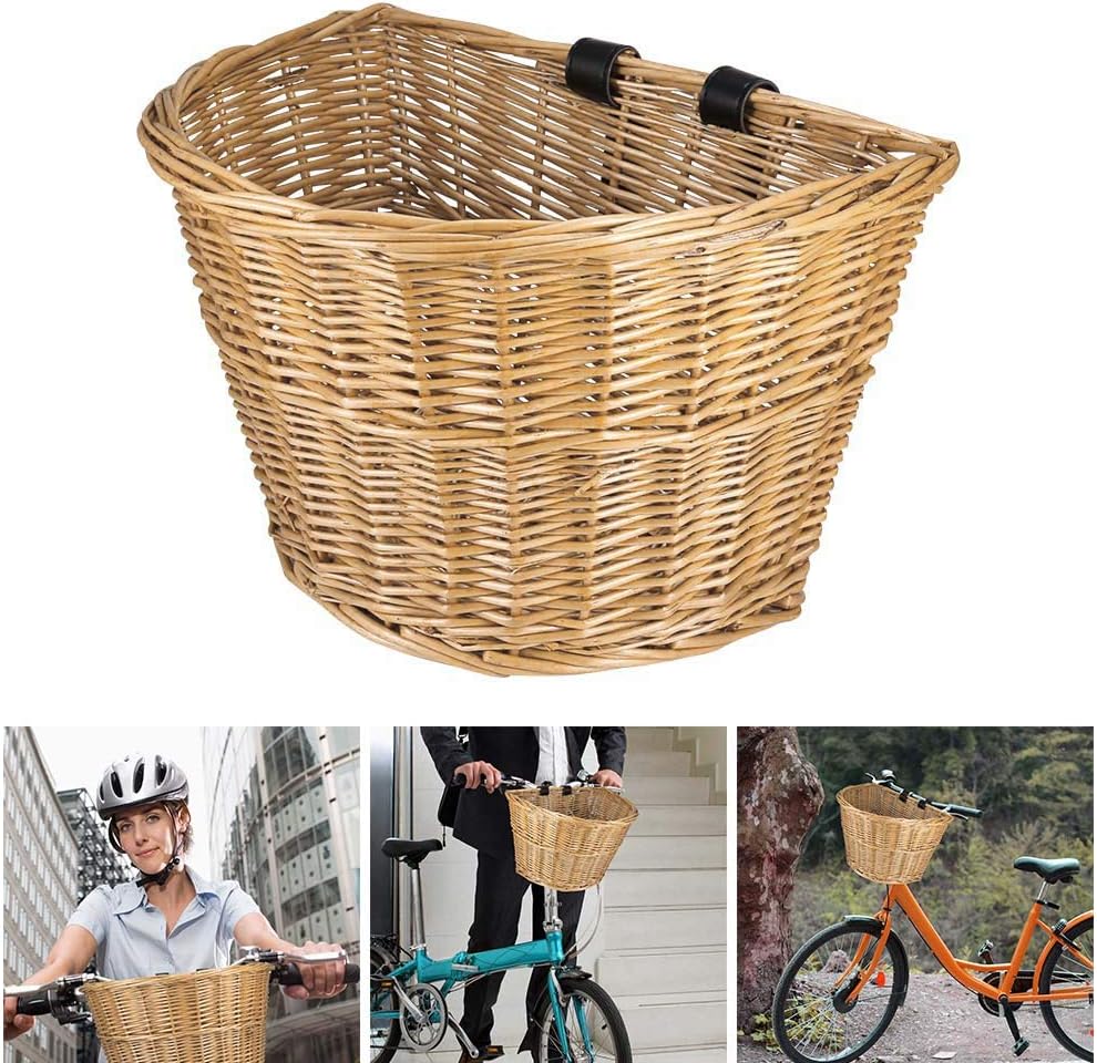 Verdelife Bicycle Front Basket Wicker Bike Basket With Leather Belt Handmade Natural Rattan Bike Storage Basket