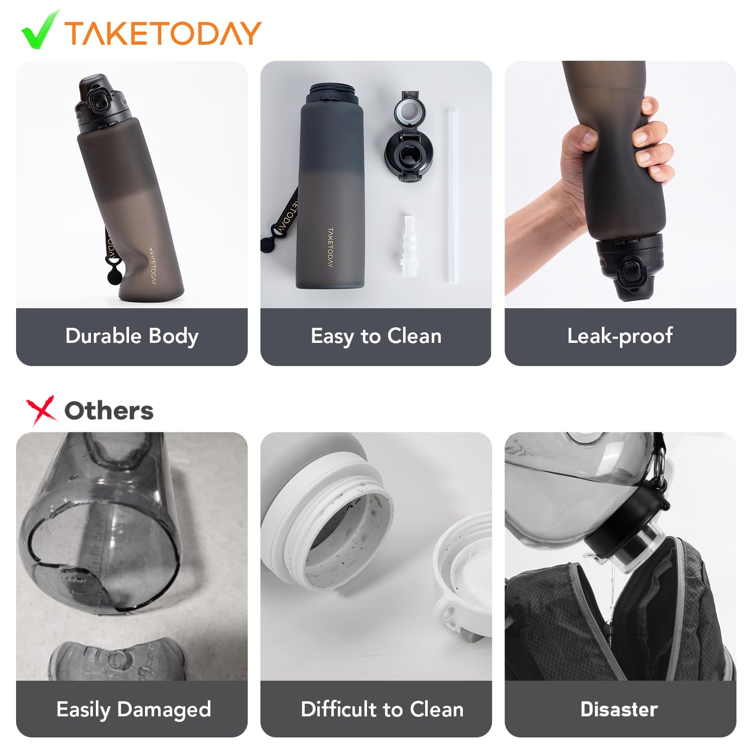 TakeToday Botellas de agua plegables con popote para viajes internacionales, 32 onzas, color negro