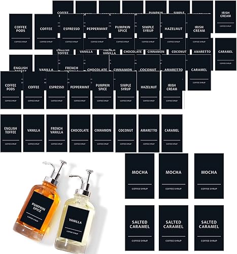 Etiquetas de jarabe de café para barra de café, etiquetas adhesivas para contenedores, etiquetas de organización minimalistas negras para