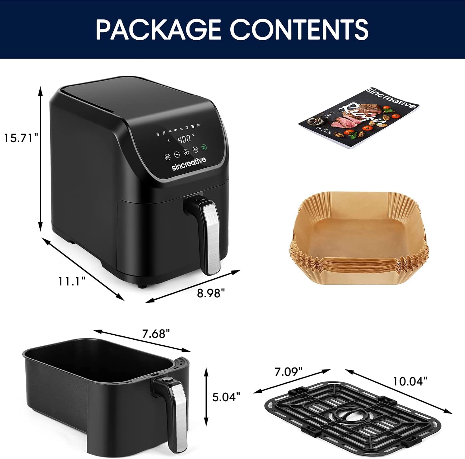 Sincreative Air Fryer package contents including the main unit, basket, crisper plate, manual, and liners.