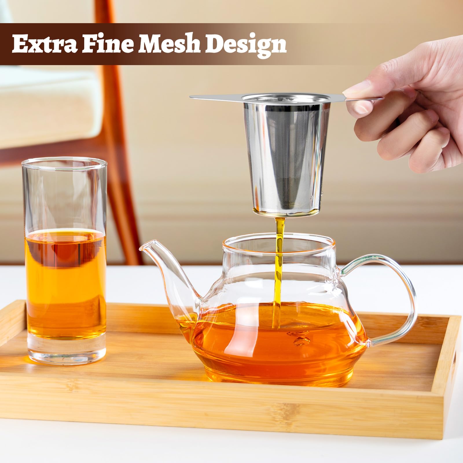 FrutPunch Infusor de té de hojas sueltas con tapa, juego de 2, colador de té de malla ultrafina, gran capacidad, asas dobles, se puede colgar en tetera, taza, regalo para los amantes del té