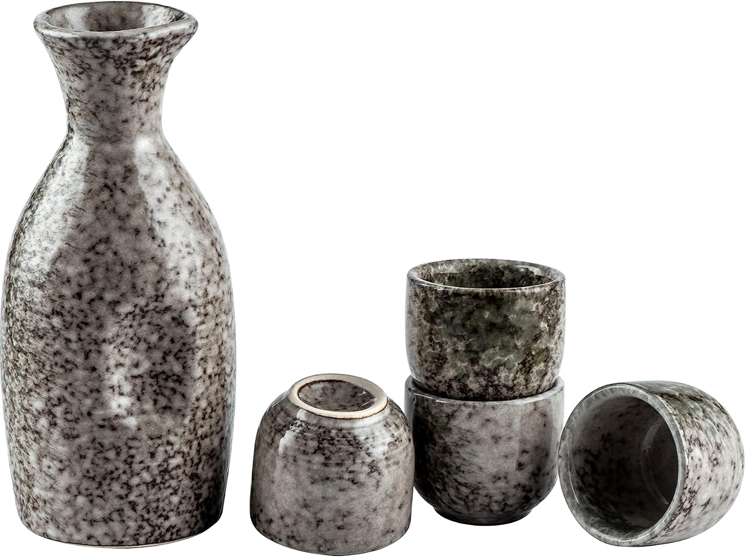 Japanese Sake Set Sake Cups Tokkuri Bottle 10oz 1PC and Ochoko Cups 1.7oz 4pcs Stoneware Uaral(Emerald Green)