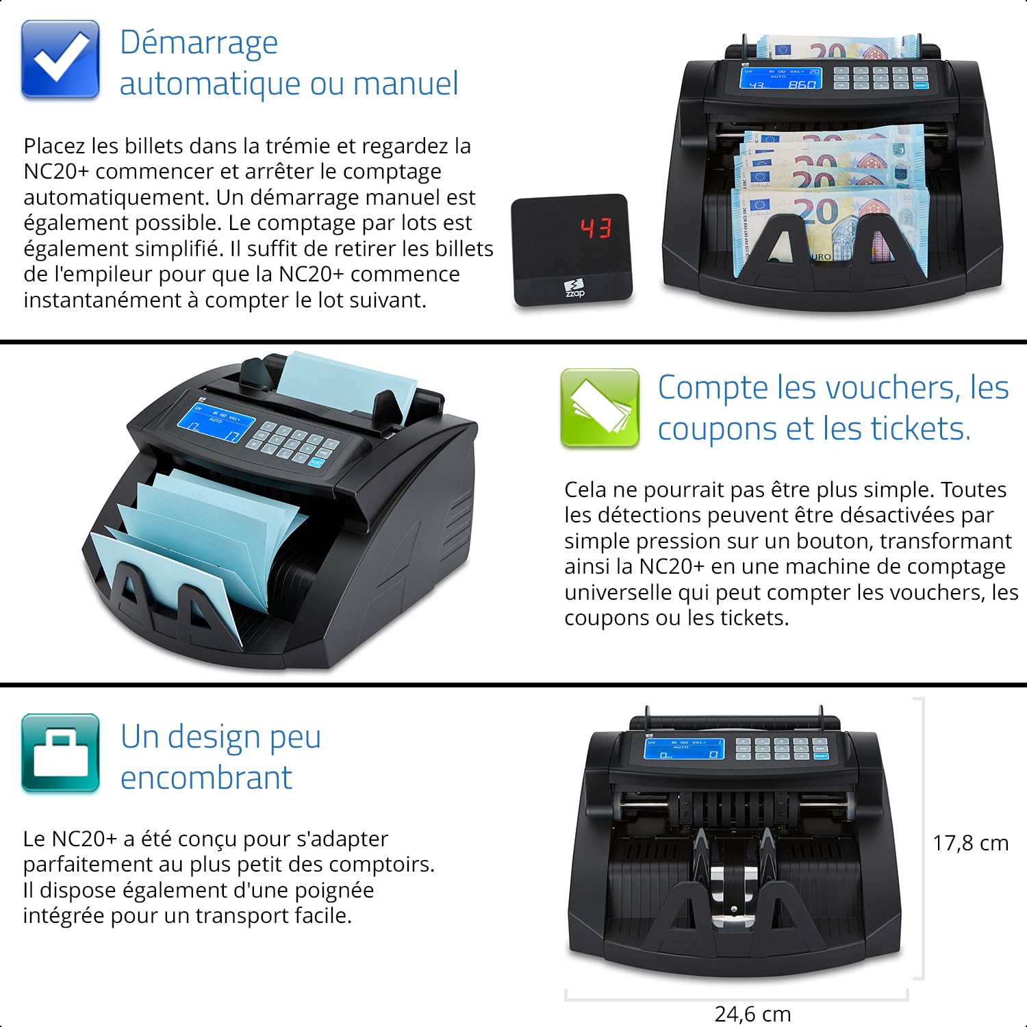 ZZap NC20+ Compteuse de Billets & Détecteur de Contrefaçons - Compte 1000 billets par minute, compte par lots, détecte les contrefaçons sur 4 points et plus encore!