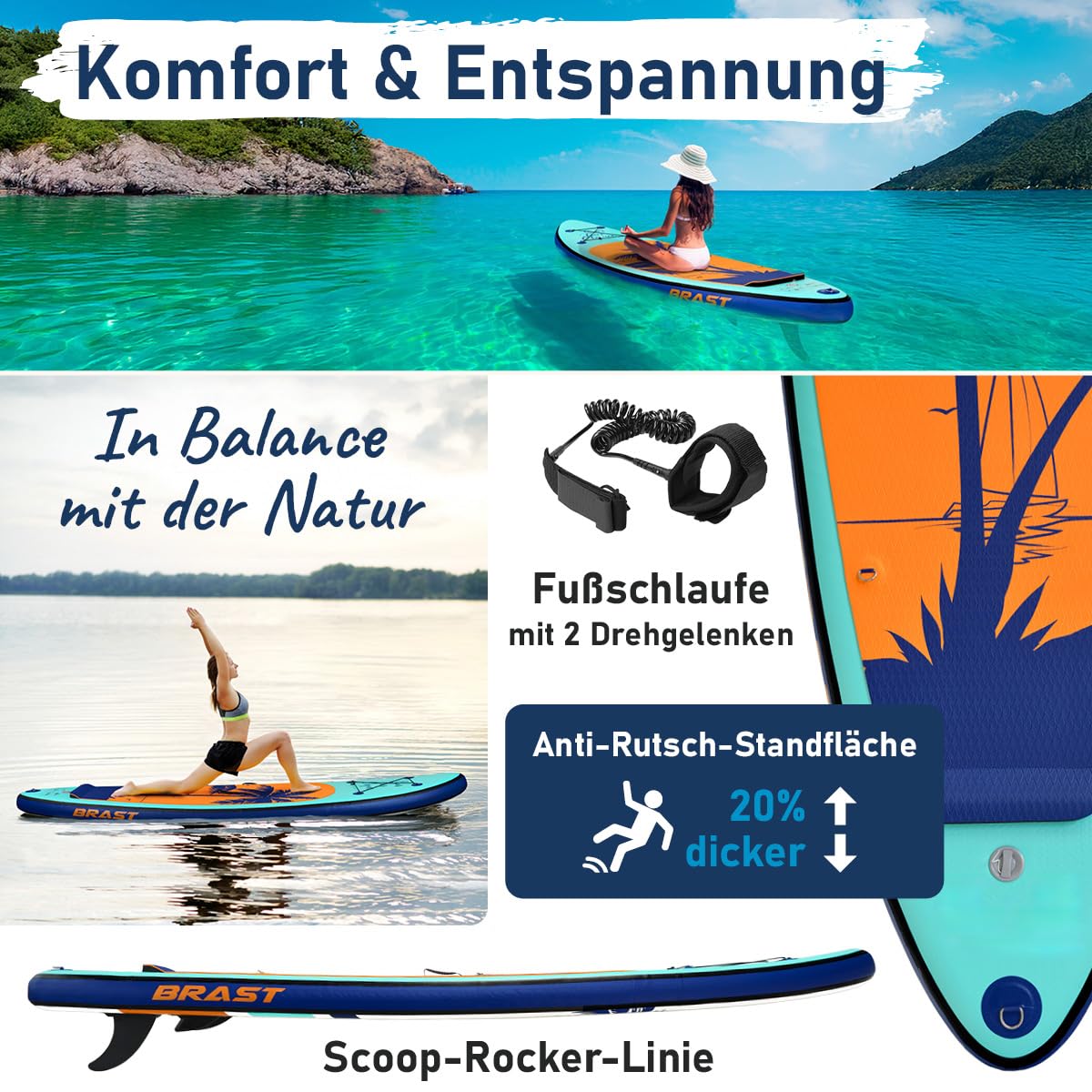 BRAST SUP Board Tropic | Aufblasbares Stand up Paddle Set | 320x81x15cm | 5 Designs | 5 Jahre Garantie | inkl. Sonderzubehör | 2in1 Paddel Kajak-Sitz Action-Cam-Halterung Fußschlaufe Pumpe Rucksack