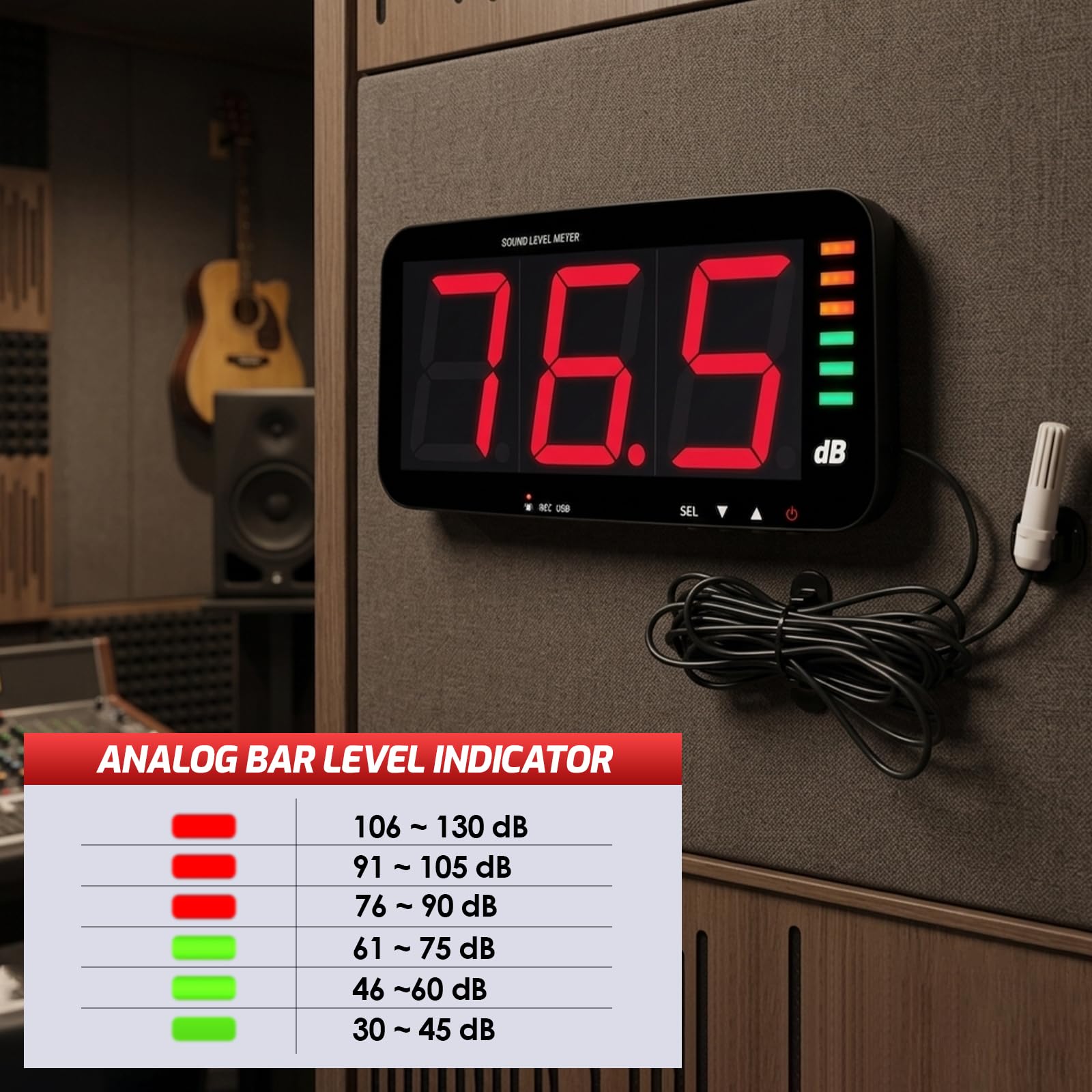 Fonometro Digitale da Parete (30~130 dB) con Display da 13 Pollici, Funzione di Registrazione Dati e Allarme Ccustico, Supporto per Connessione PC