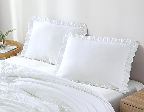 Miniatura 4 de Chezmoi Collection Nora Juego de edredón Blanco Tamaño King de 3 piezas, Suave y Esponjoso, con Ribete de Volados Estilo Shabby Chic Lavado en