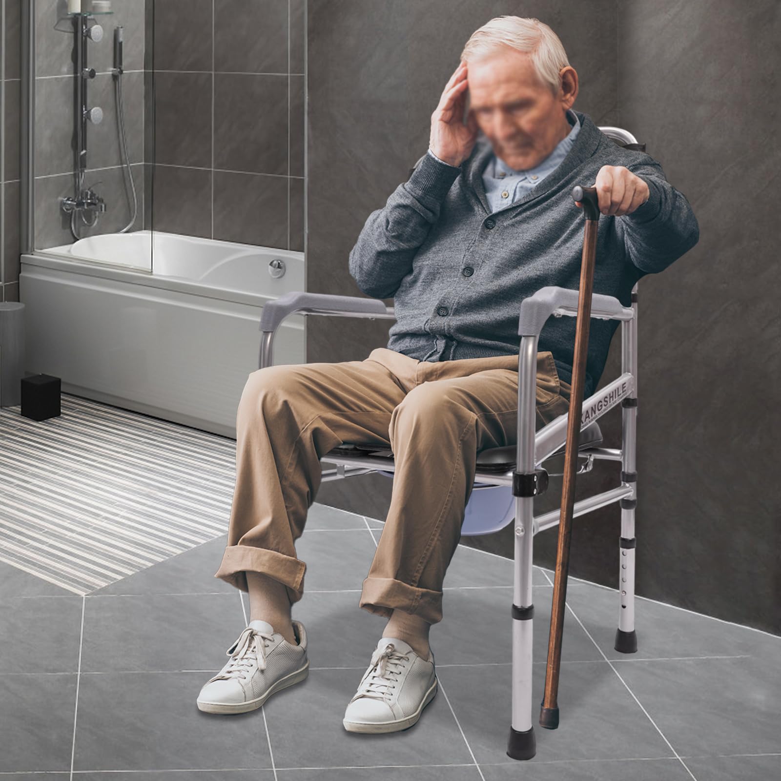 Faltbarer Duschstuhl, Klappbarer Toilettenstuhl für Bad und Dusche, HöHenverstellbar mit Weichem Sitzkissen Platzsparend und rutschfest für äLtere Menschen Schwangere und PflegebedüRftige