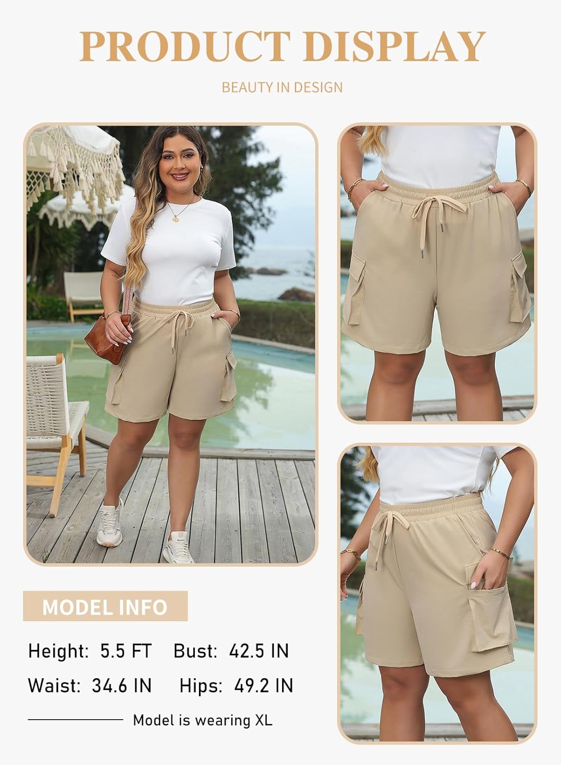 Eytino Plus Size Cargo Short for Womens Lightweight Active Athletic Shorts Running Summer Shorts with Pockets,14-16 D Beige - Image 3