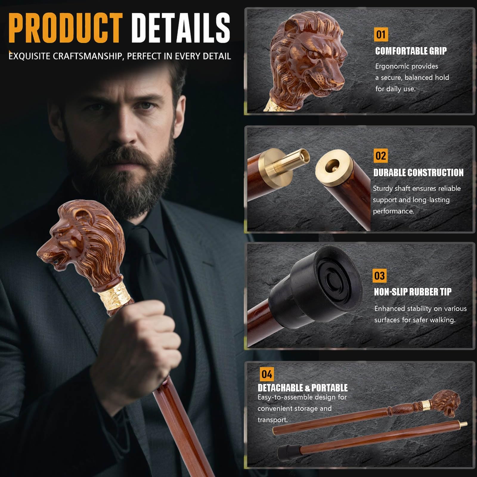 Handgeschnitzter Löwen-Spazierstock Aus Holz Mit Ergonomischem Griff und Gummispitze für Damen und Herren – Modischer, Exklusiver Gehstock für Senioren – 95,5 cm