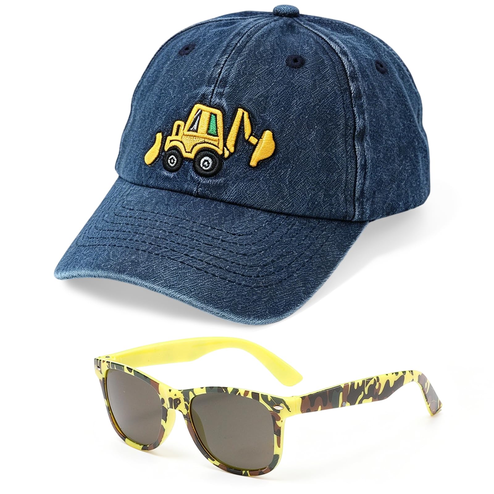 CYGMRFH Excavator Baseball Cap and Sunglasses Set, Adjustable Corduroy Kids Sun Hat with Unique Construction Digger Sunglasses, Summer Outdoor Sun Protection for Boys Girls Age 2-8 Years White (Blue)