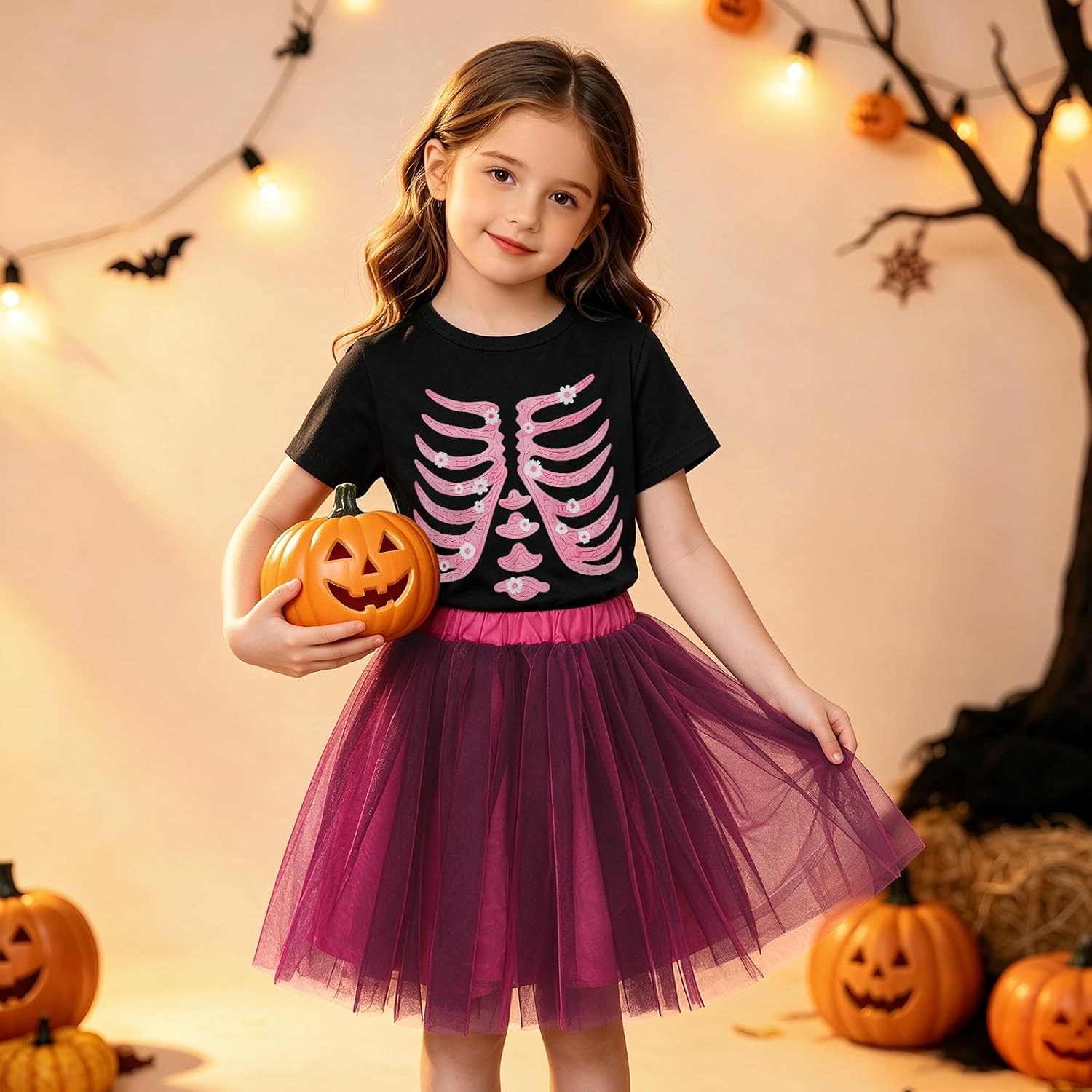 MODNTOGA Toddler Girls Halloween Outfit Set Skeleton Ribcage Print T-Shirt Pink Tulle Tutu Skirt Spooky Season Party Clothes