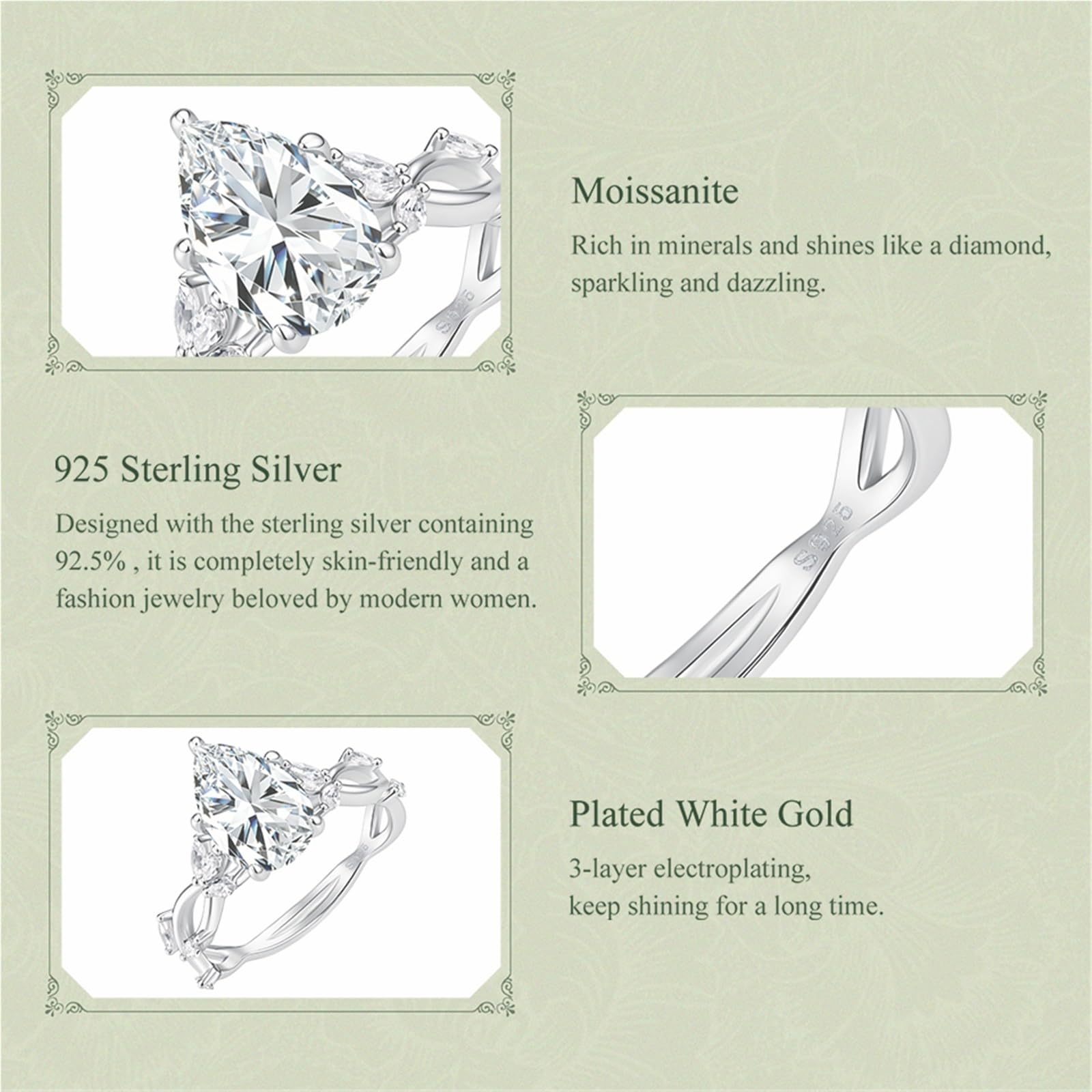 Anello Solitario in Argento Sterling 925 con moissanite a Pera da 3 ct | Anello di fidanzamento o promessa unisex Argento 925 (con punzone) Solitario in moissanite taglio a goccia (qualità 3EX) F
