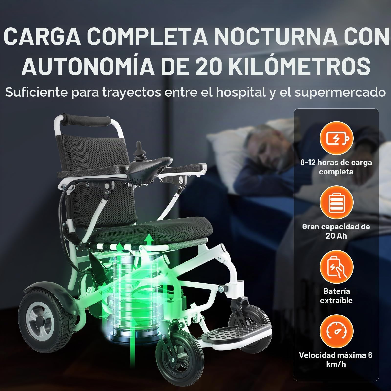 VEVOR Silla de Ruedas Eléctrica para Adultos Mayores, Capacidad de Peso de 136,08 kg, 449,58 mm de Ancho, Sillas de Ruedas Motorizadas Plegables y Livianas, Alcance de Hasta 20 km, 930 x 590 x 940 mm