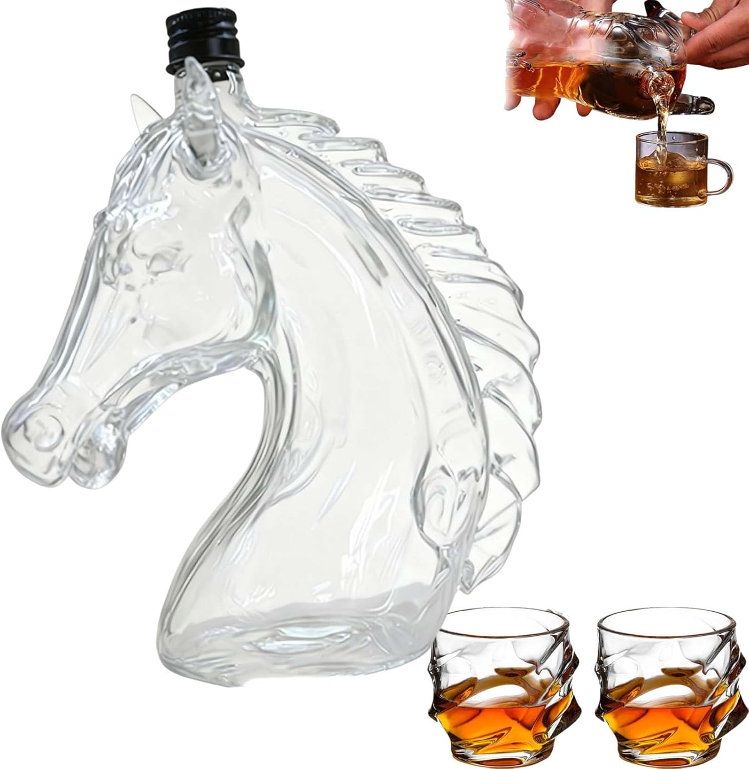 Horse Whiskey Decanter Xmas Birthday New Year Gifts for Men Dad,Glass Liquor Dispenser for Home Bar, Horse Head Wine Decanter with 2 Glasses for Bourbon Whiskey Rum Tequila Alcohol Gifts (clear)