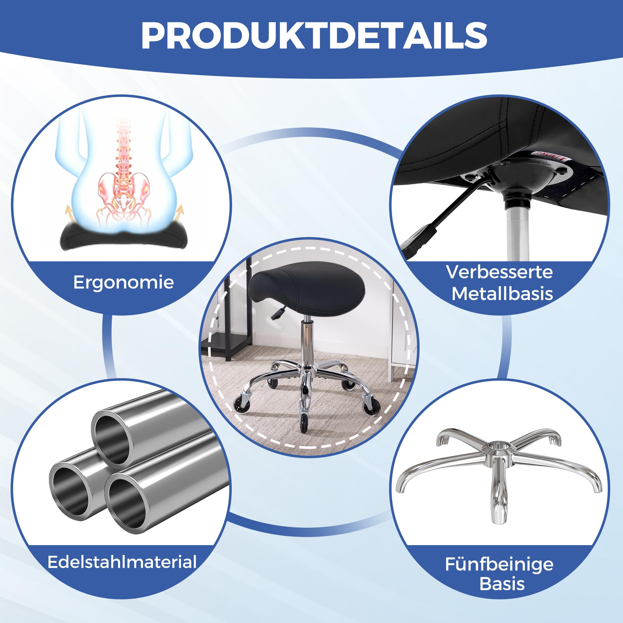 ANWBROAD Sattelhocker mit Rollen 360° Drehhocker Silent-Rollen höhenverstellbar Rollhocker bis 205 kg Ergonomisch Dickes Leder breite Sitz für Schönheitssalons, Salon, Spa und Kliniken Schwarz WSS001B