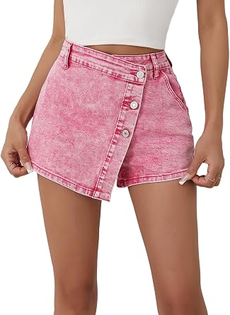 Womens Denim Skort High Waisted Asymmetrical Button Distressed Hem Stretch Skirt Shorts