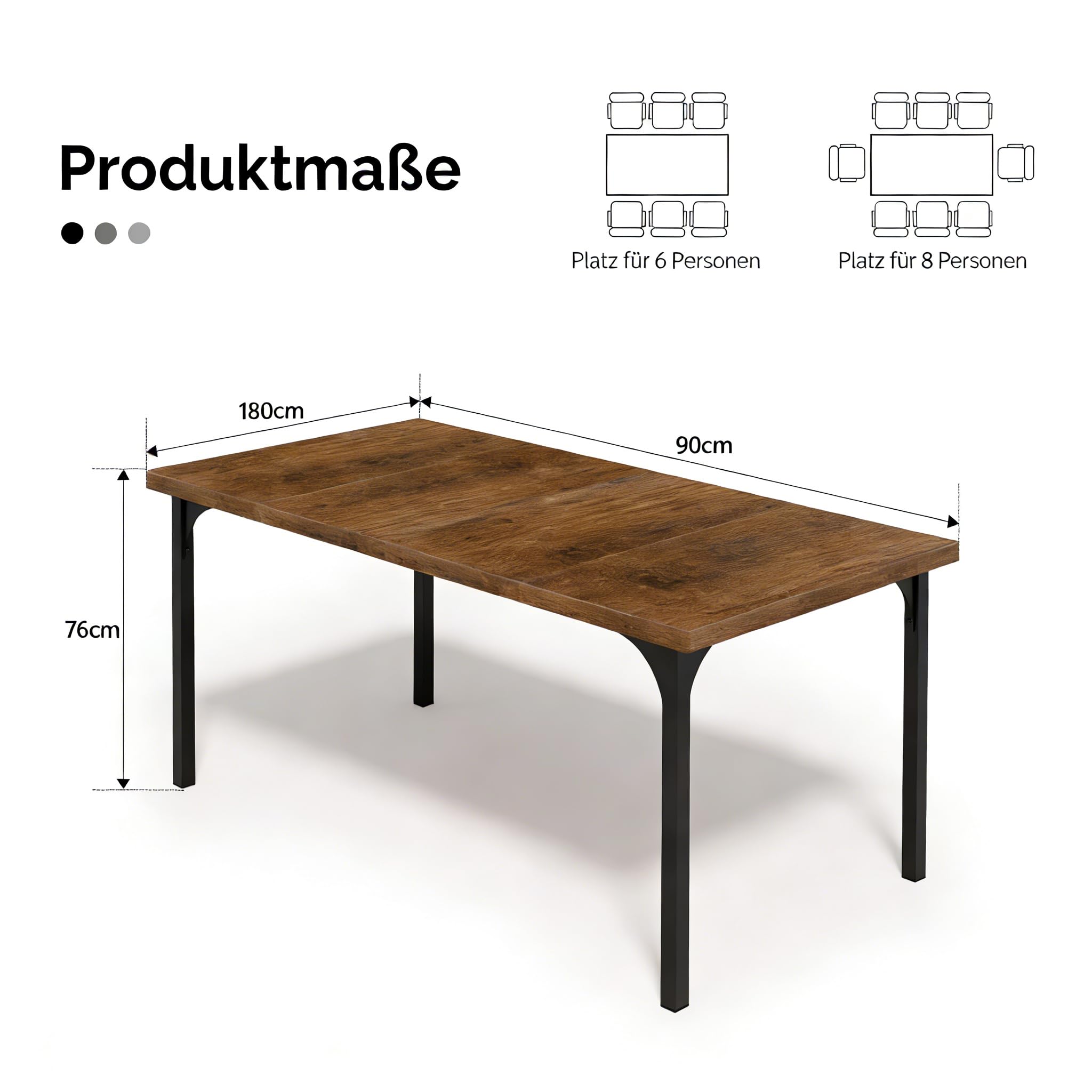 LEADZM Esstisch, Küchentisch, Esszimmertisch 180 x 90 cm für 6-8 Personen, Dining Table für Esszimmer, Büro, Arbeitszimmer (Rustikal-Braun, 180 x 90 x 76 cm)