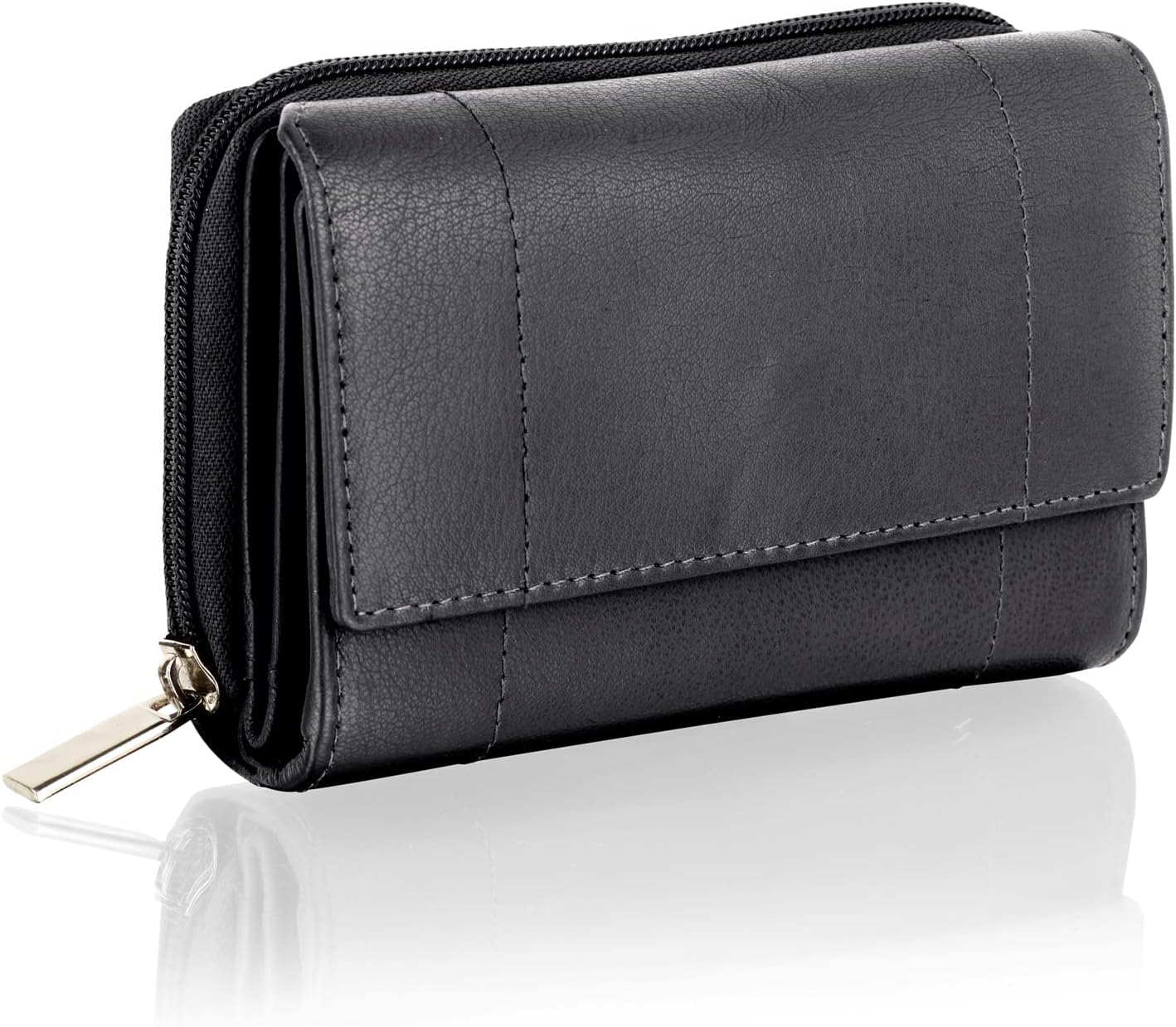 Women's Small Genuine Leather RFID Blocking Wallet with Zipper Pockets for Cards and Coins