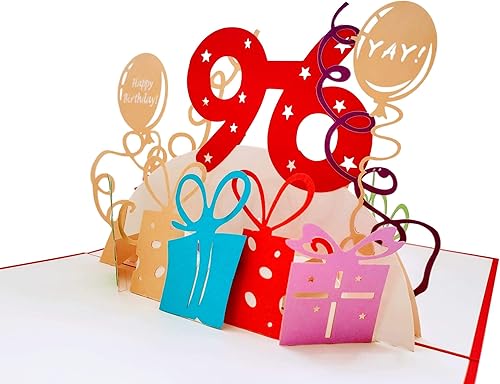 Miniatura 4 de iGifts And Cards Tarjeta de felicitación emergente 3D de feliz cumpleaños 96 con regalos - Noventa y seis, impresionante, globos, único,
