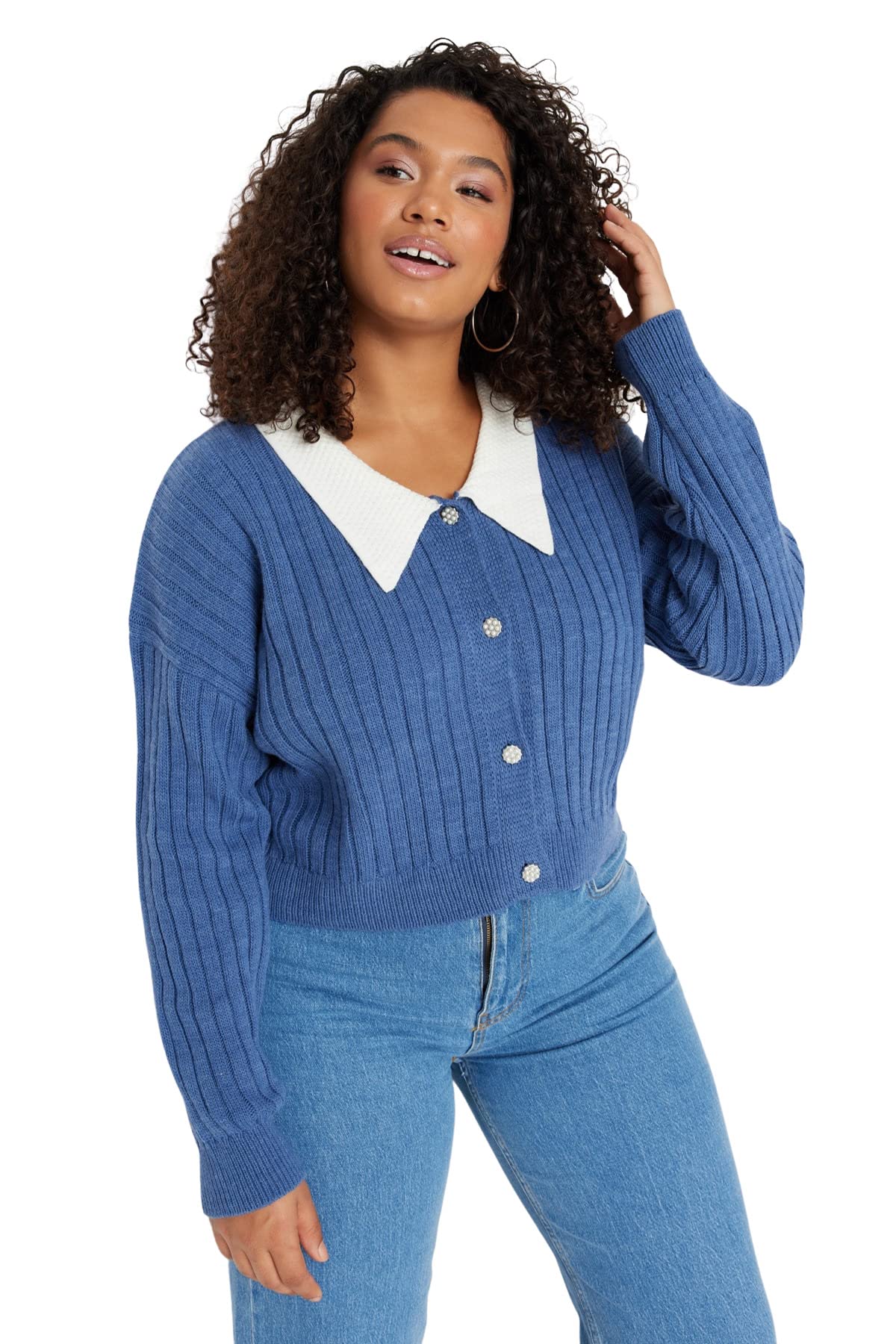 Trendyol Women's Straight Long Sleeve Regular Cardigan in Plus Size Sweater, Indigo, 4XL