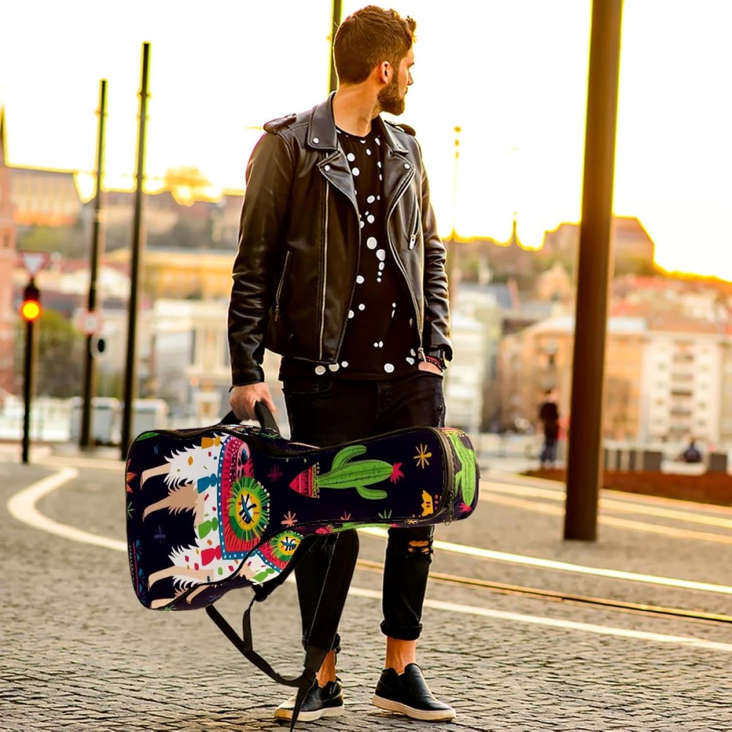 Acoustic Guitar Bag 0.4 Inch Thick Padding Waterproof Guitar Case Gig Bag for 40 41 42 Inch Electric Bass Classical Guitar, Cute Lamas with Cactus and Ethnic Design