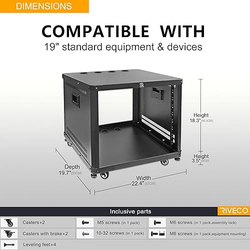 Miniatura 2 de RIVECO Rack de audio y red de 9U con pies y ruedas, gabinete Obtuse Angel para servidor, estuche de estudio rodante con rieles de profundidad