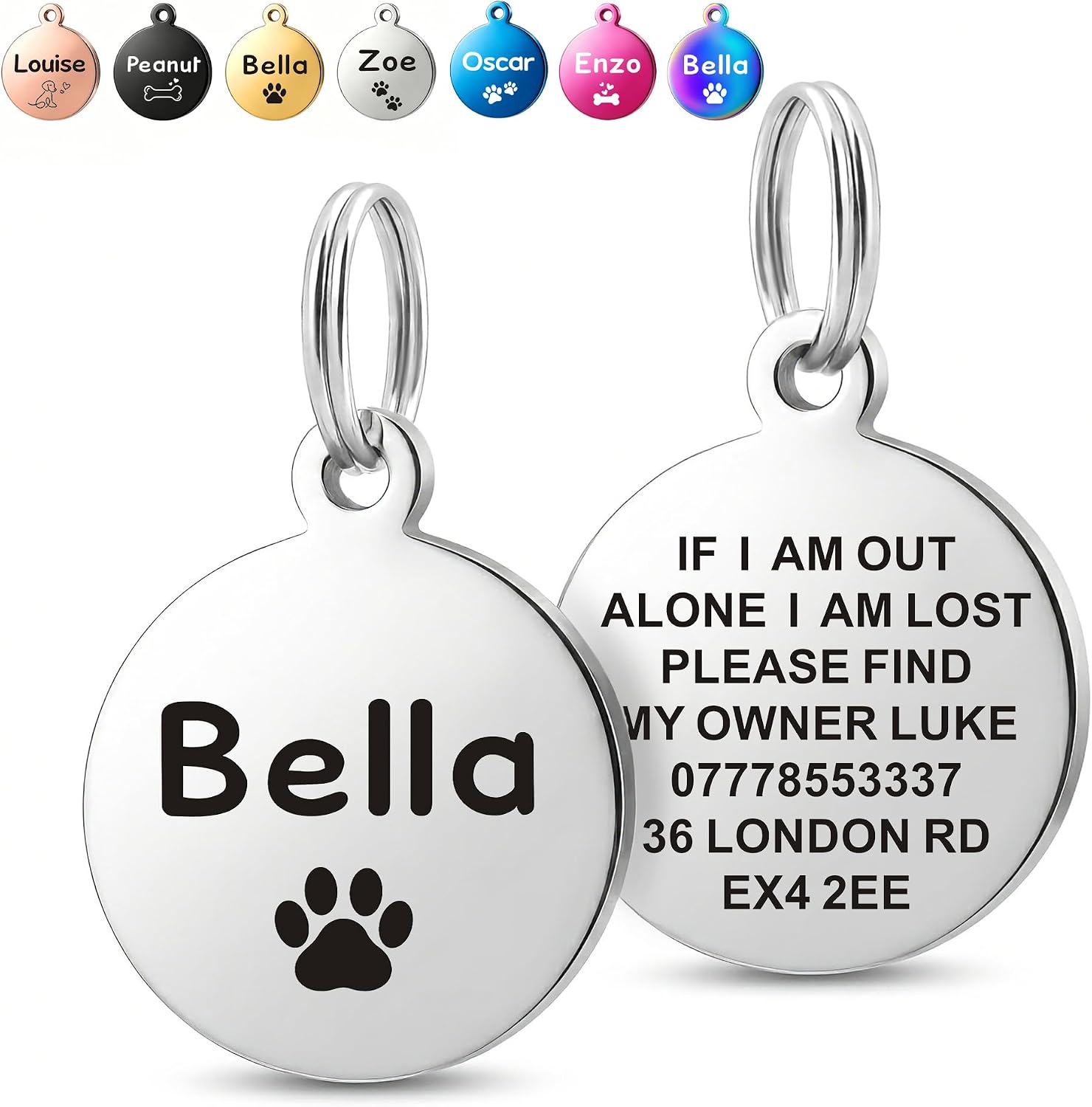 Deep Engraved Dog Tags for Pets UK Prime, Personalised Cat Dog Name ID Tags, Stainless Steel Pet Tag for Doggy Kitten Kitty Puppy, Scratch Resistant Tag (Silver Round, S)