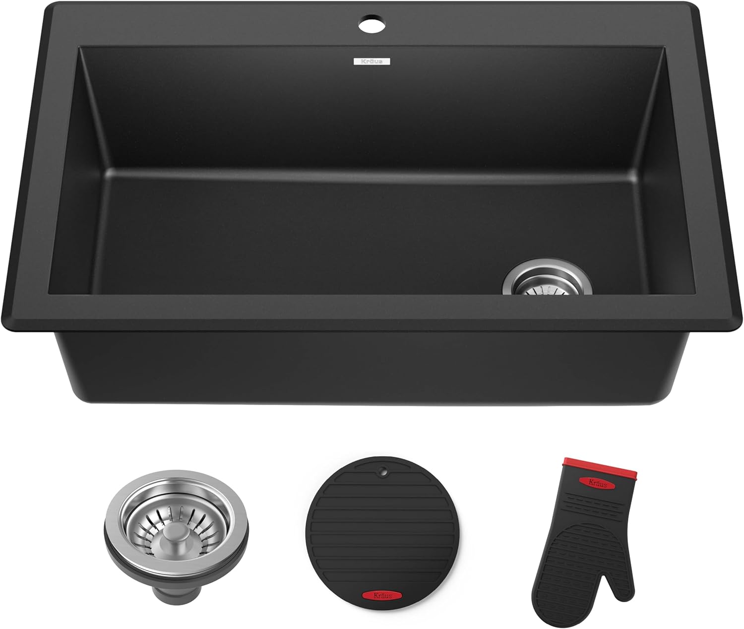 KRAUS Forteza 33-inch Drop In/Undermount Single Bowl Granite Kitchen Sink in Black, KGD-54BLACK