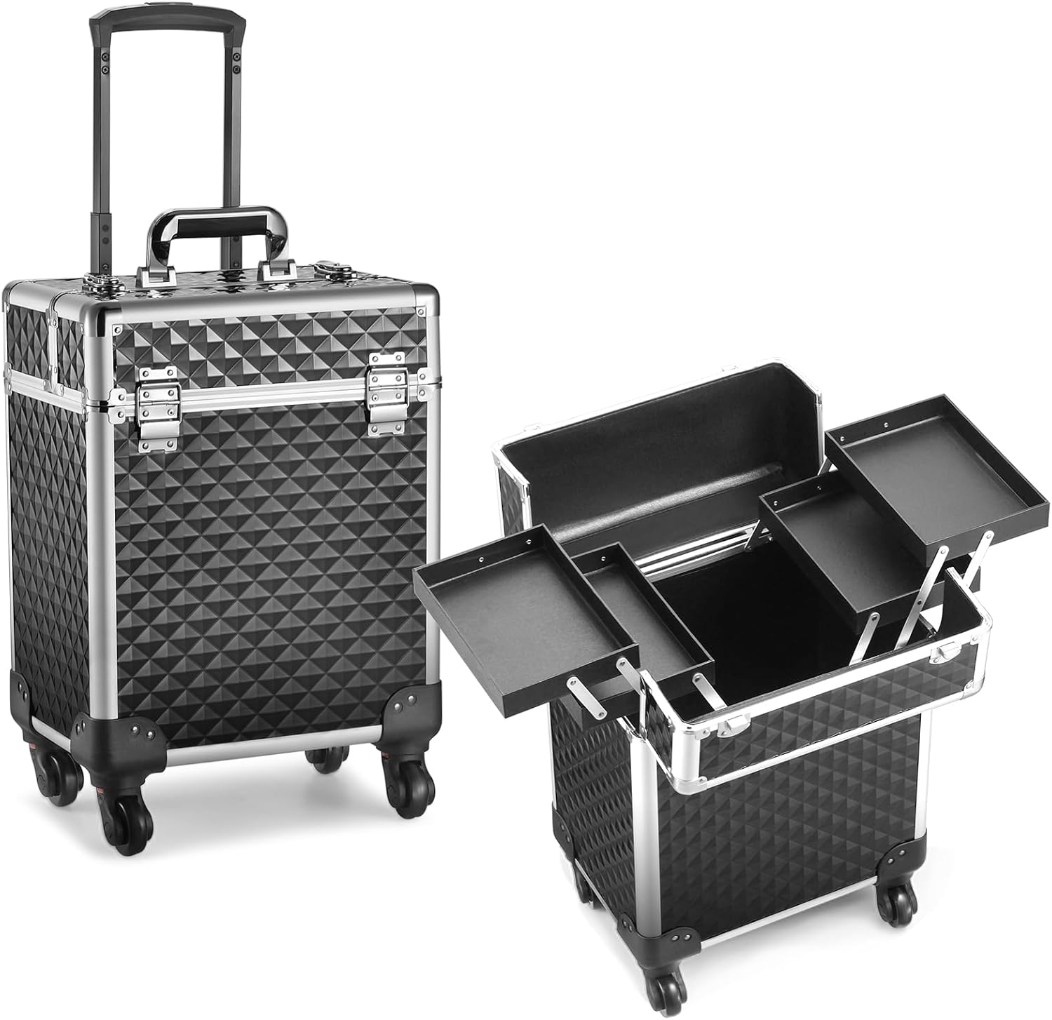 Rolling Makeup Train Case Large Cosmetic Trolley Organized Aluminum Barber Case for Hairstylist Makeup Nail Tech Salon with Keys Swivel Wheels Traveling Cart Trunk - Black