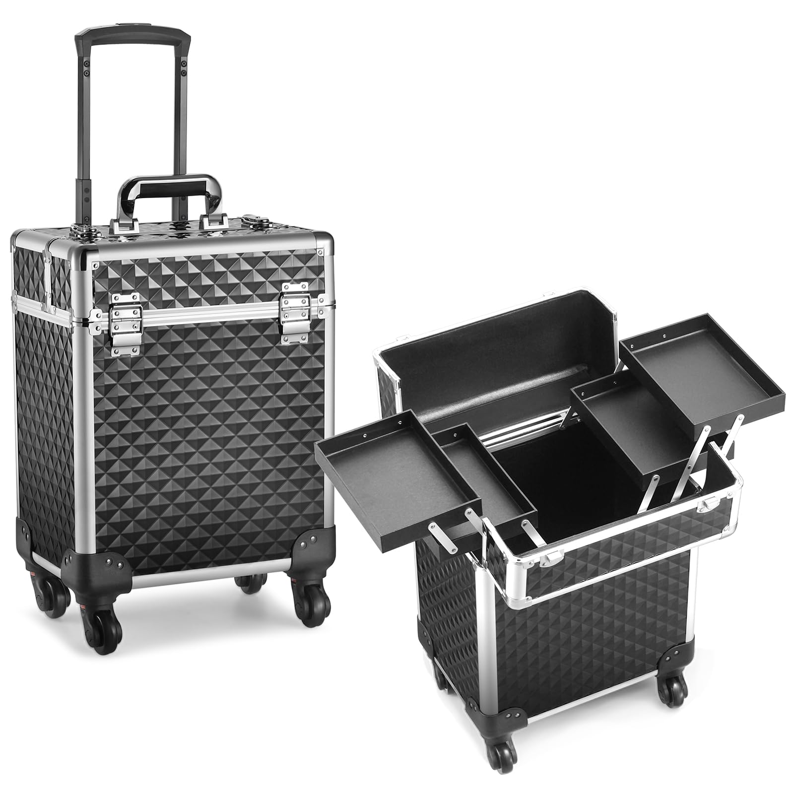 Mecucasi Rolling Makeup Train Case Large Cosmetic Trolley Organized Aluminum Barber Case for Hairstylist Makeup Nail Tech Salon with Keys Swivel Wheels Traveling Cart Trunk - Black