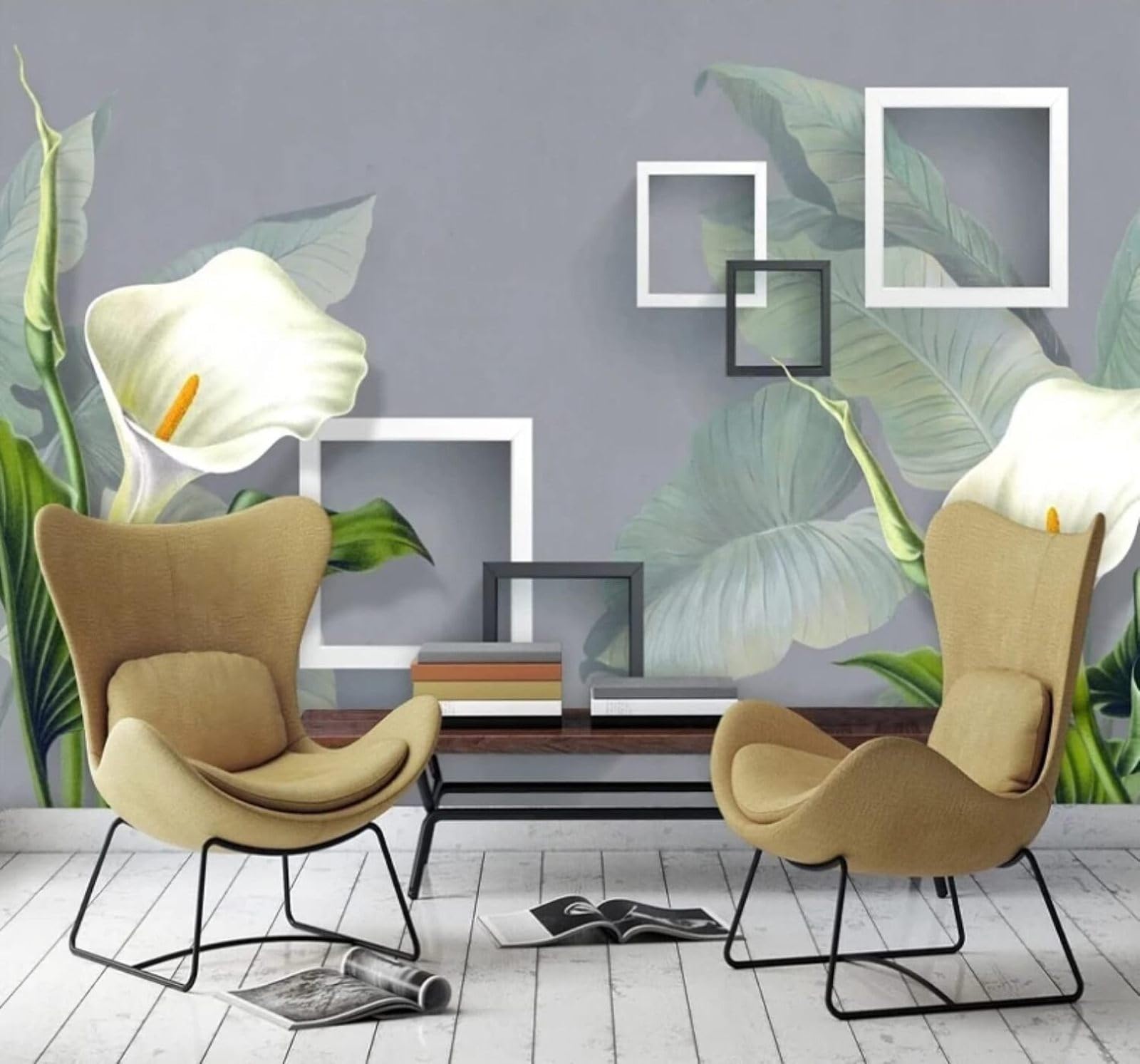 Hand Drawn Fresh Lily Black and White Geometric 3D Wallpaper Easy Install Feature Office Living Room Sofa Bedroom TV Background Wall Decoration-400cm×280cm