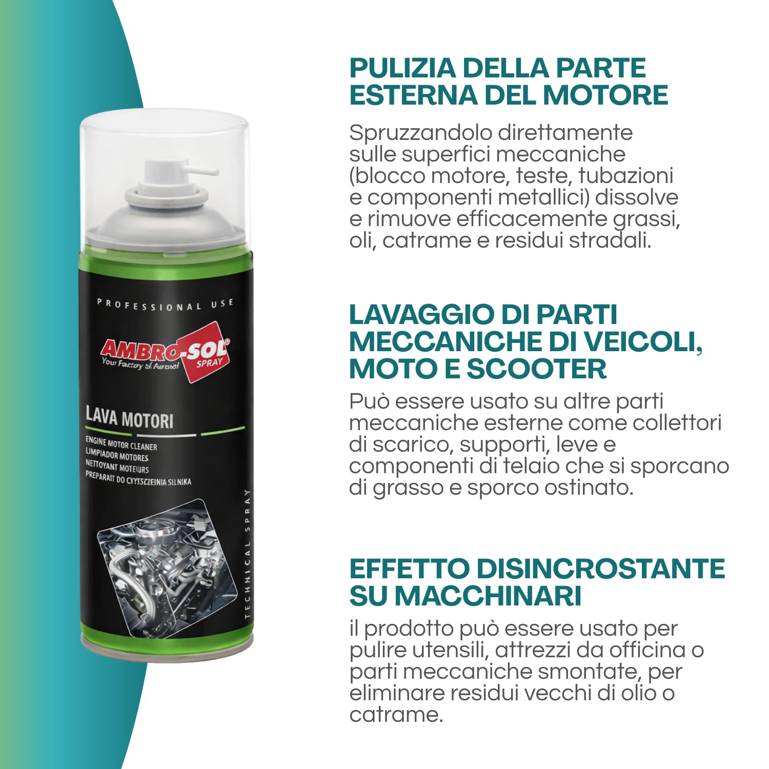 Bomboletta Lava Motori, Capacità 400 ml, Spray Detergente per pulizia esterna di motori e parti meccaniche, Scioglie grassi e rimuove catrame e asfalto, Prodotto Made in Italy -473F -0,52
