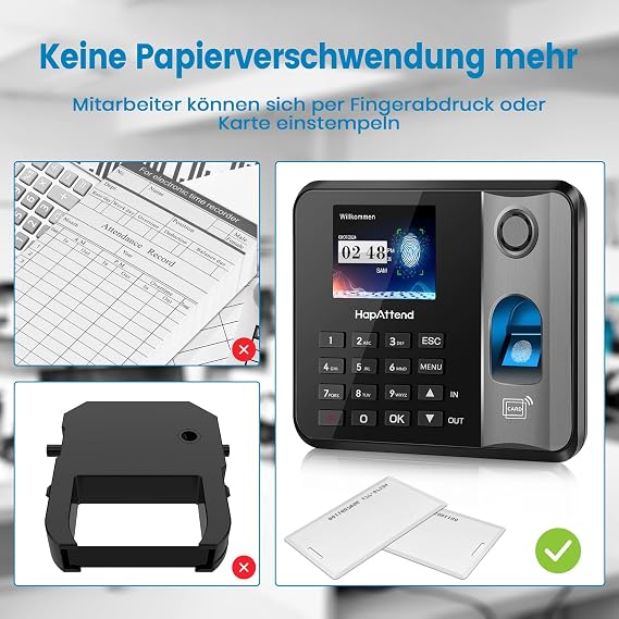 Time recording for small businesses fingerprint stamp clock work time recording stamp clock German edition time attendance employee with 5 RFID (0 monthly fees H1)