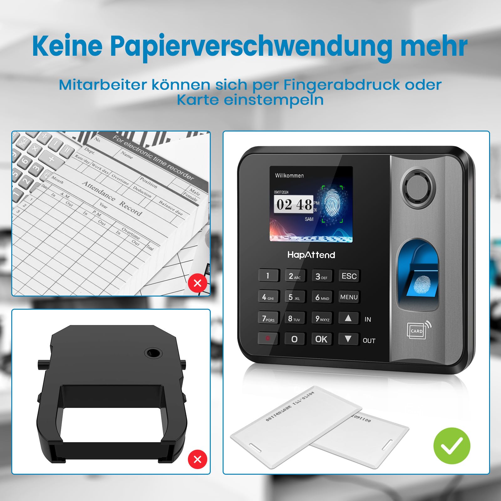 Zeiterfassung für kleinbetriebe Deutsche Ausgabe, Stechuhr zeiterfassung Mitarbeiter mit 15 RFID, 0 monatliche Gebühren Fingerabdruck stempeluhr arbeitszeiterfassung stempeluhr