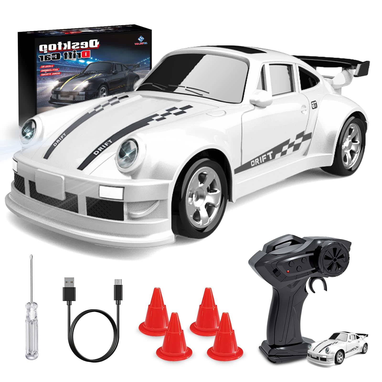 JONRRYIN Coche teledirigido Drift Car, 1:64 Mini Drift Auto teledirigido, 4WD Coche RC Drift de Mesa, Coche teledirigido con luces LED, mando a distancia de 2,4 GHz, 15 km/h, coche de juguete para