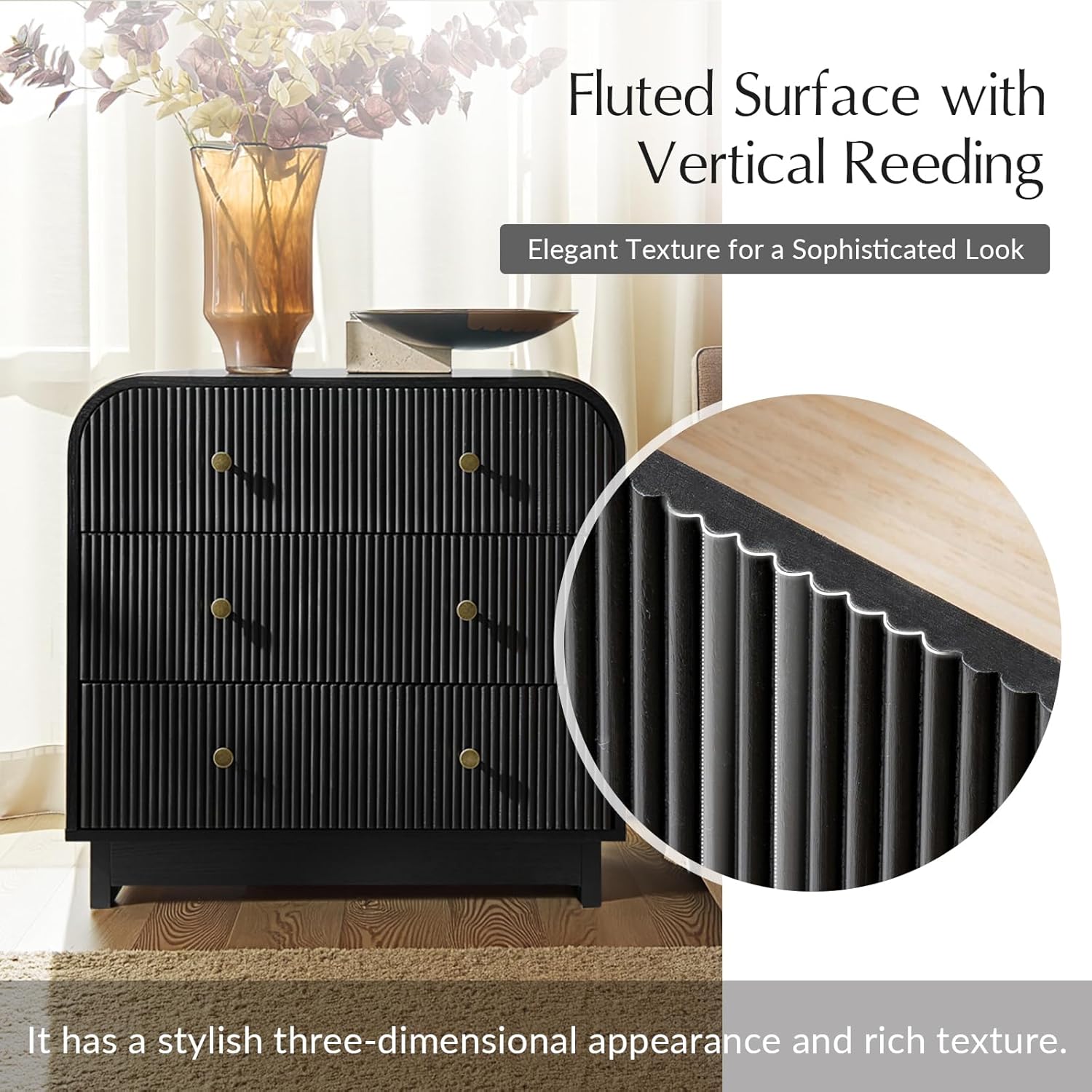 HULALA HOME Fluted Storage End Table with Charging Station, Modern 3 Drawer Wood Side Table with Solid Wood Legs, Large SideTable for Living Room Room, Easy Assembly,Black