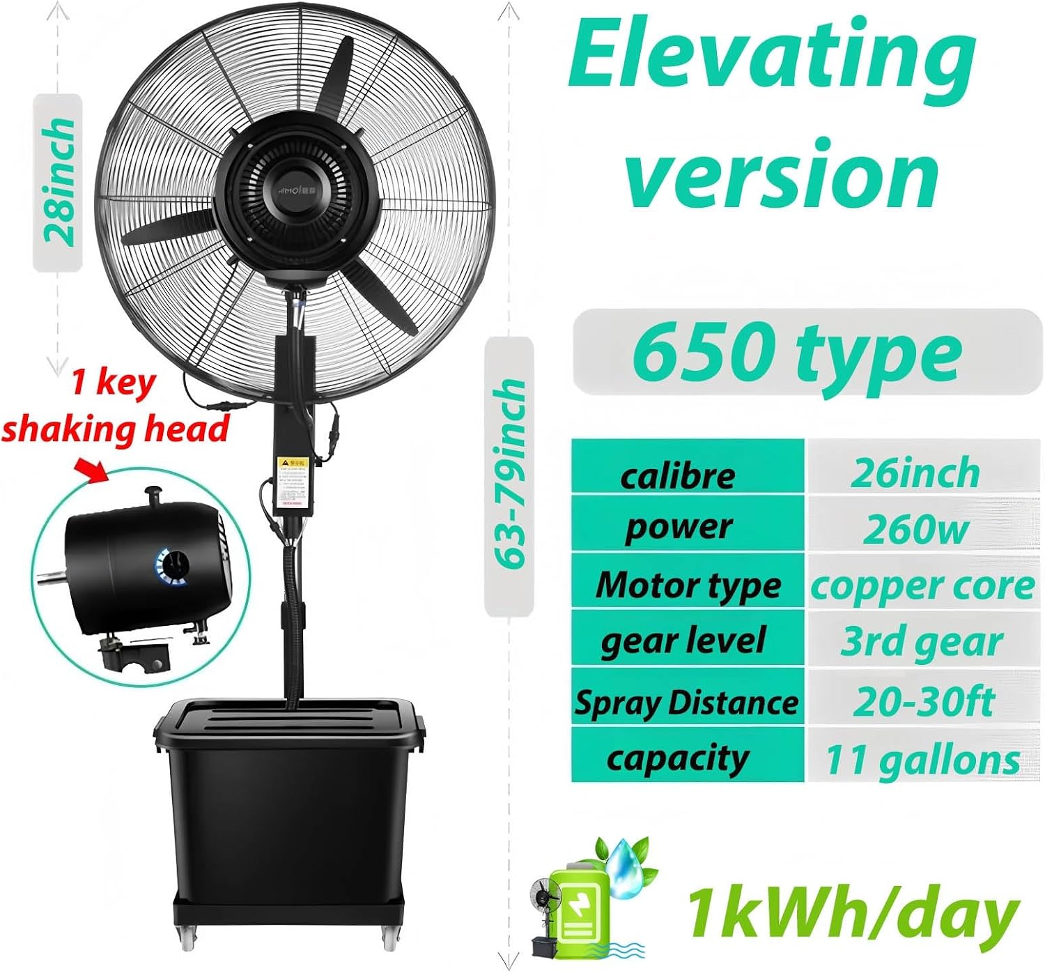 26in 30in Industrial Mist Fan For Patio Fans 90° Oscillating Floor Mounted Fan With Misting, Misting Fans With 3 Speeds For Outdoor Garage Warehouse(Liftable,650)