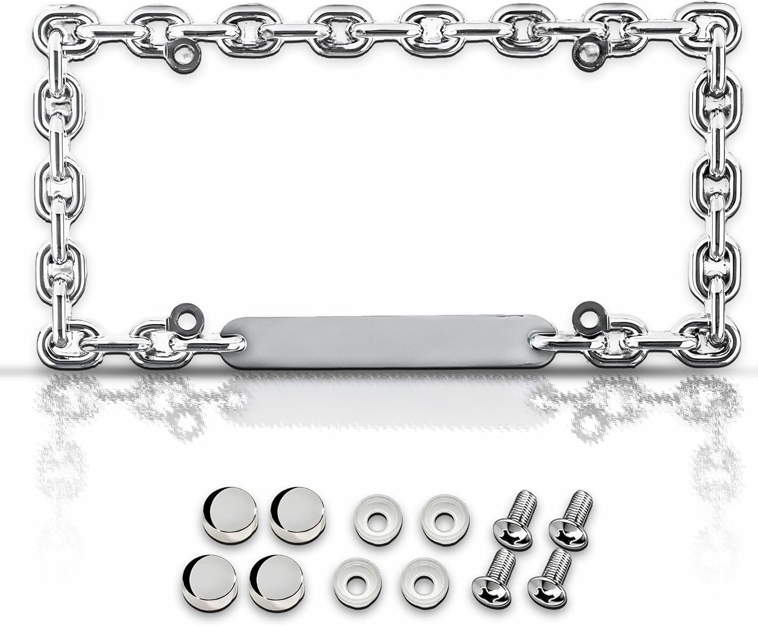Premium Chrome Chain License Plate Frame with 4 Silver Screw Caps, Street Legal Universal Fit for Cars & Trucks, Heavy Duty Rust-Free Zinc Chrome Chain License Plate Frame for Men & Women