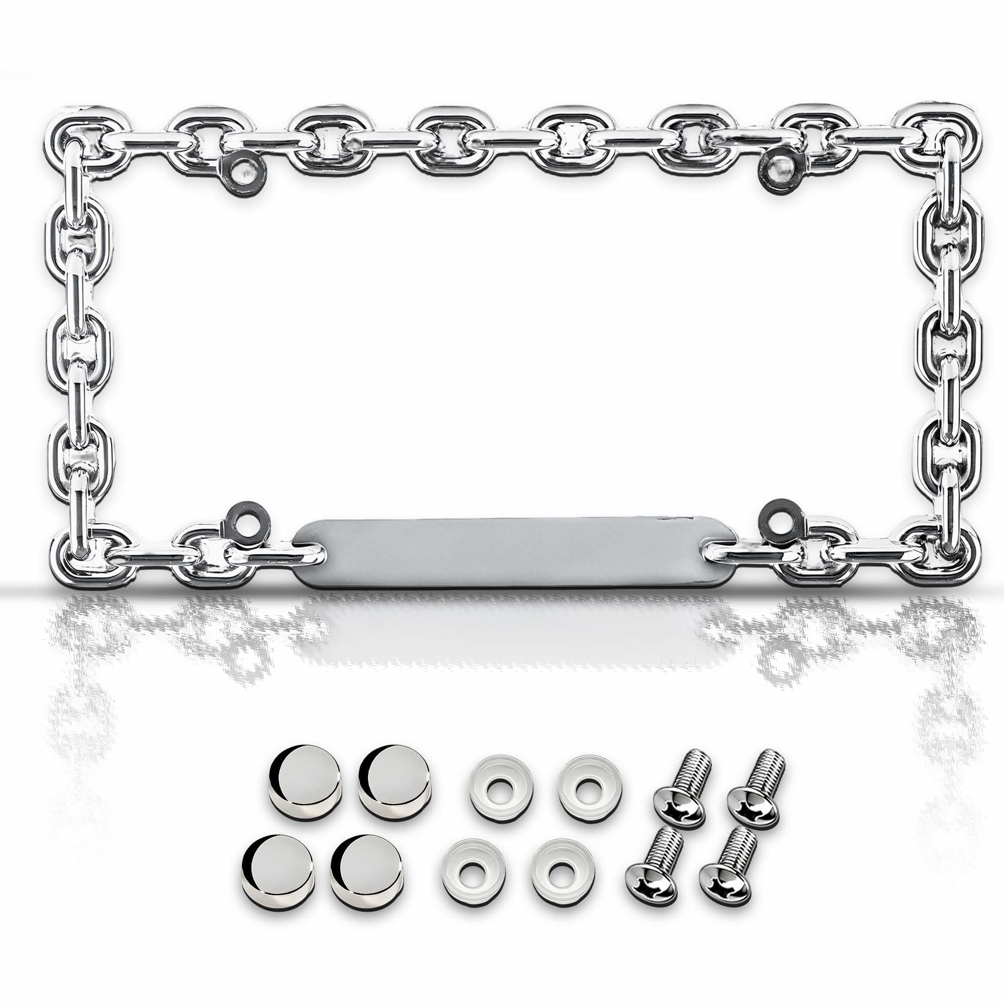 Premium Chrome Chain License Plate Frame with 4 Silver Screw Caps